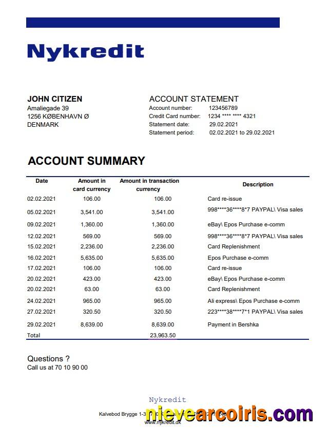 Denmark Nykredit bank statement easy to fill in .xls and .pdf file format